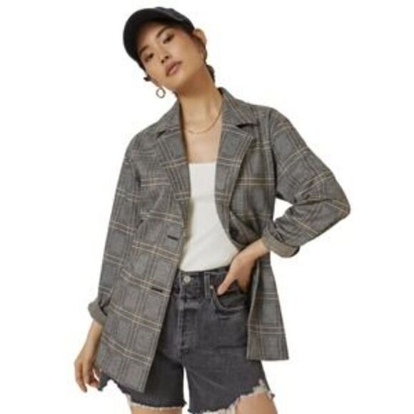 ANTHROPOLOGIE Avec Les Filles Gray Brown Longline Plaid Blazer Size Medium - Picture 1 of 12